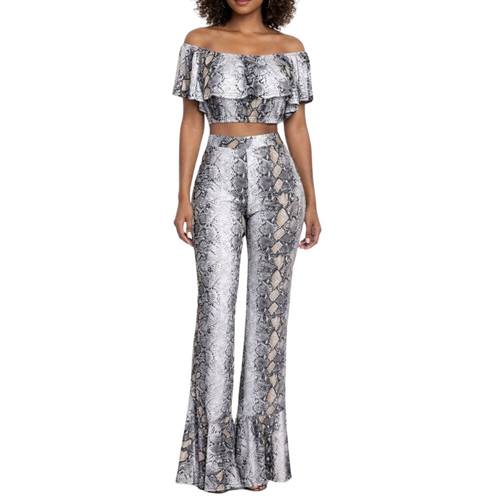 Venus Snake Print 2 Piece Set Off Shoulder Ruffle Crop Top & Flare Bell Bottoms